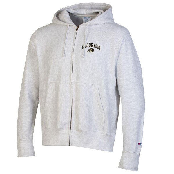 A light heather gray full zip hoodie with arched black Colorado lettering and a C-U Buffalo logo on it.